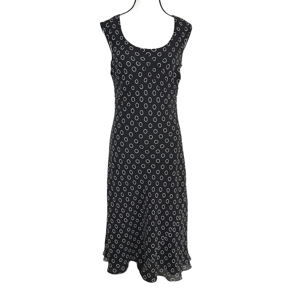 JONES‎ NEW YORK Dress 100% Silk Black White Empire Babydoll Midi Bias Cut Size 8